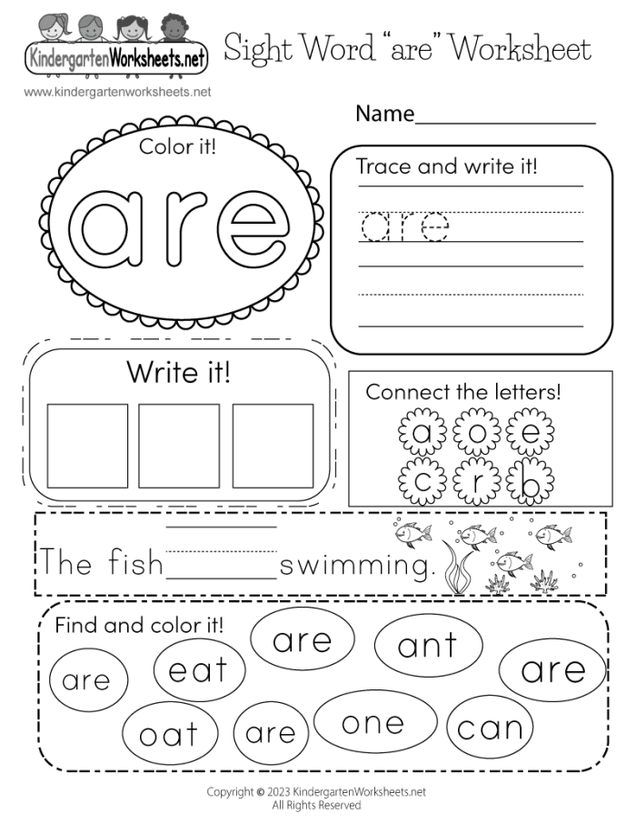 Kindergarten student completing a quick sight word assessment worksheet