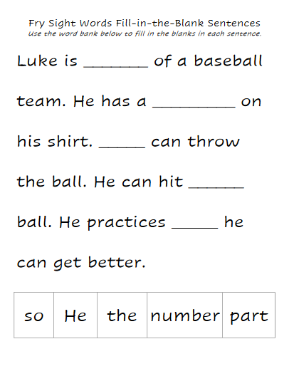 Worksheet featuring a complete-the-sentence activity for common sight words in kindergarten. Engaging learning tool for sight word practice and writing skills.