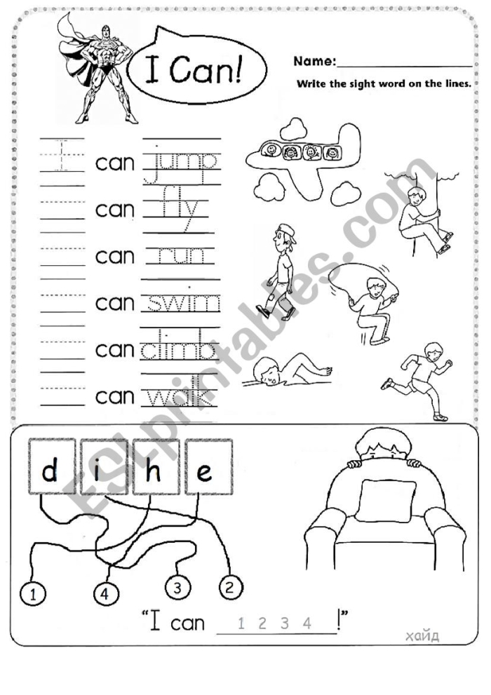 Kindergarten I can worksheet featuring writing practice for the sight word can