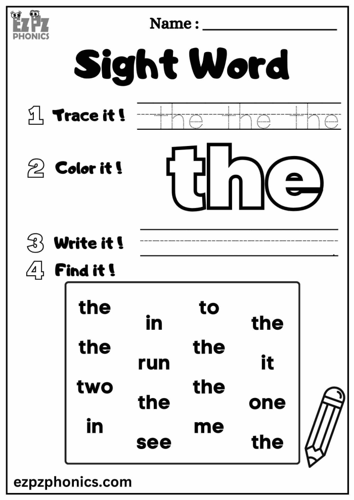 Kindergarten student tracing and writing the sight word the on a phonics practice worksheet