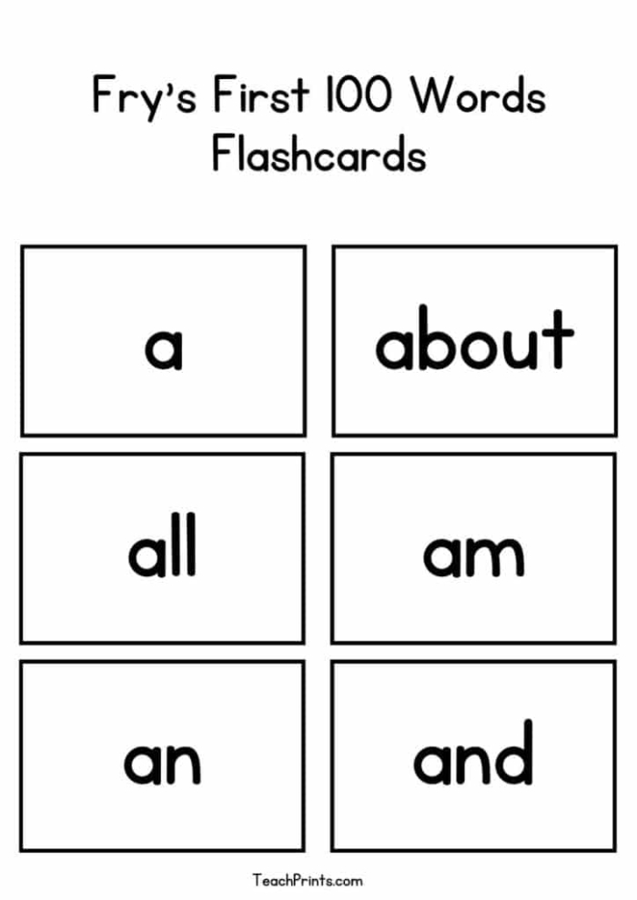 Kindergarten sight word flashcards featuring words beginning with the letter A for vocabulary practice
