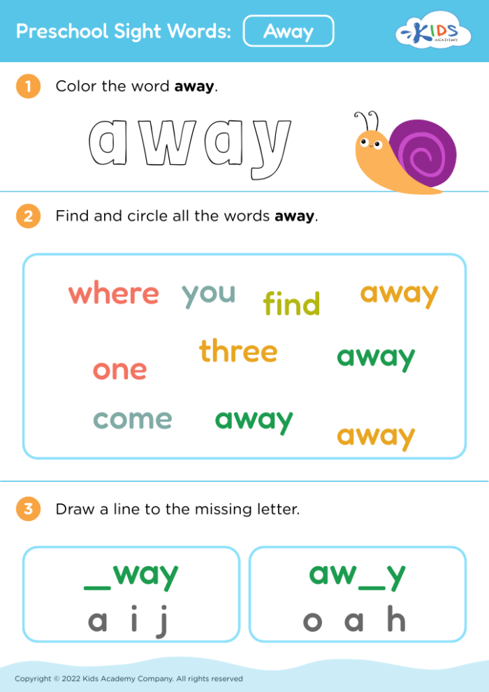 Kindergarten vocabulary worksheet featuring printable sight word flashcards starting with the letter A