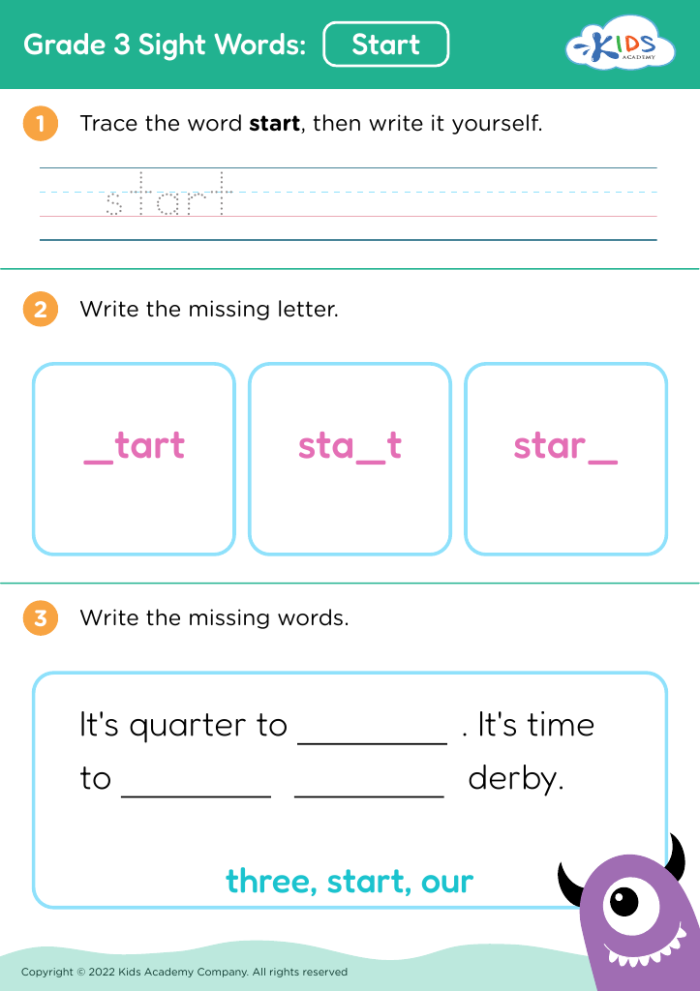 Vocabulary cards for sight words starting with the letter A for kindergarten students
