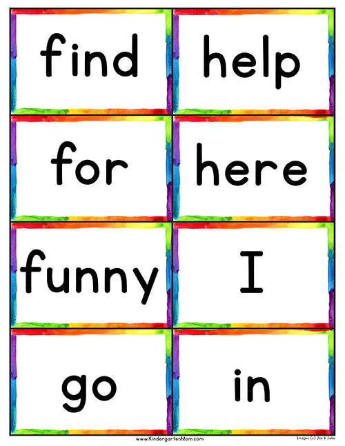 Vocabulary cards featuring sight words that begin with the letter A for kindergarten students