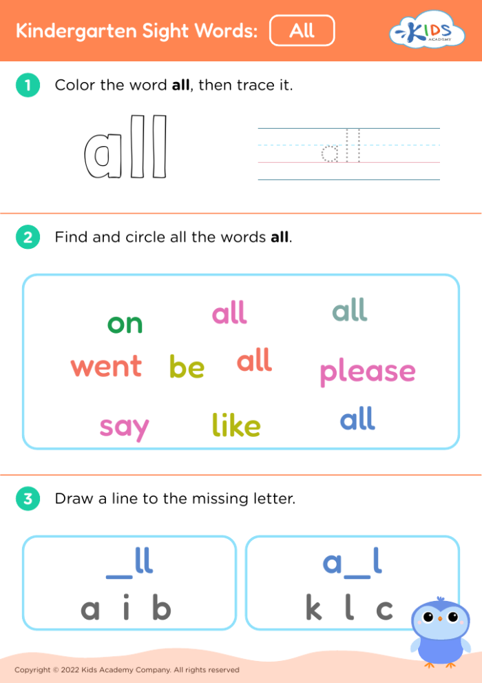 Vocabulary cards featuring sight words that begin with the letter A for kindergarten students