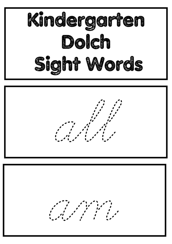 Kindergarten sight words vocabulary cards starting with the letter A worksheet