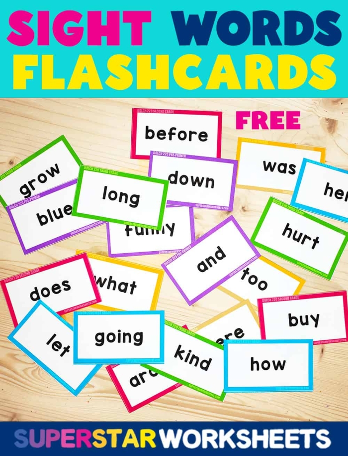 Vocabulary cards featuring sight words that begin with the letter A for kindergarten students