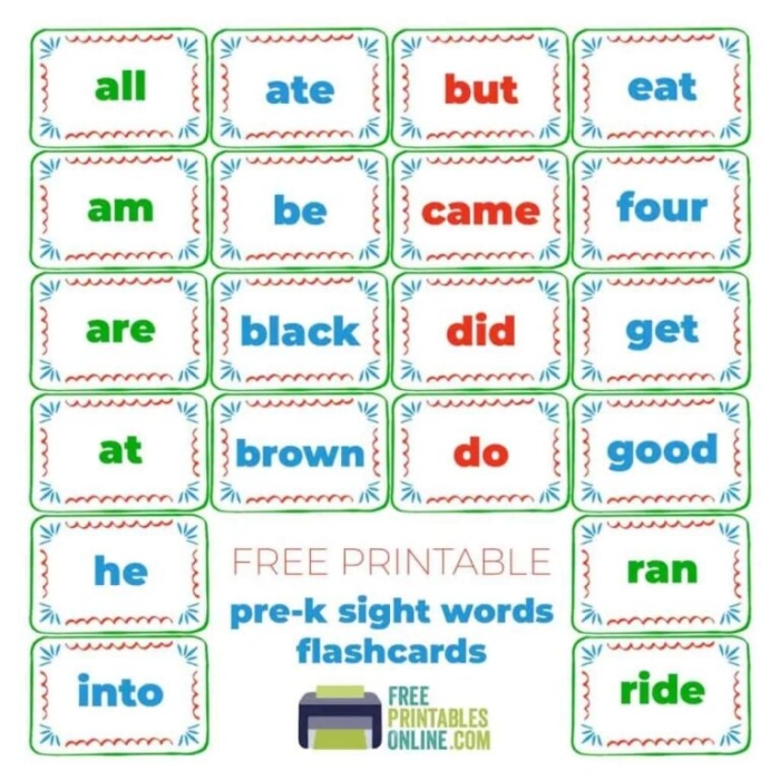 Kindergarten worksheet featuring a collection of printable vocabulary cards for sight words beginning with the letter A