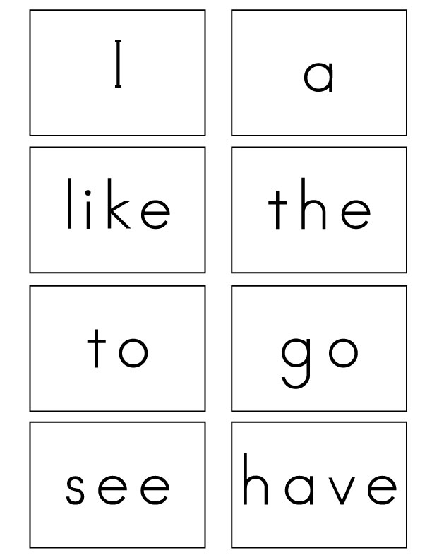 Vocabulary cards featuring sight words that begin with the letter A for kindergarten students