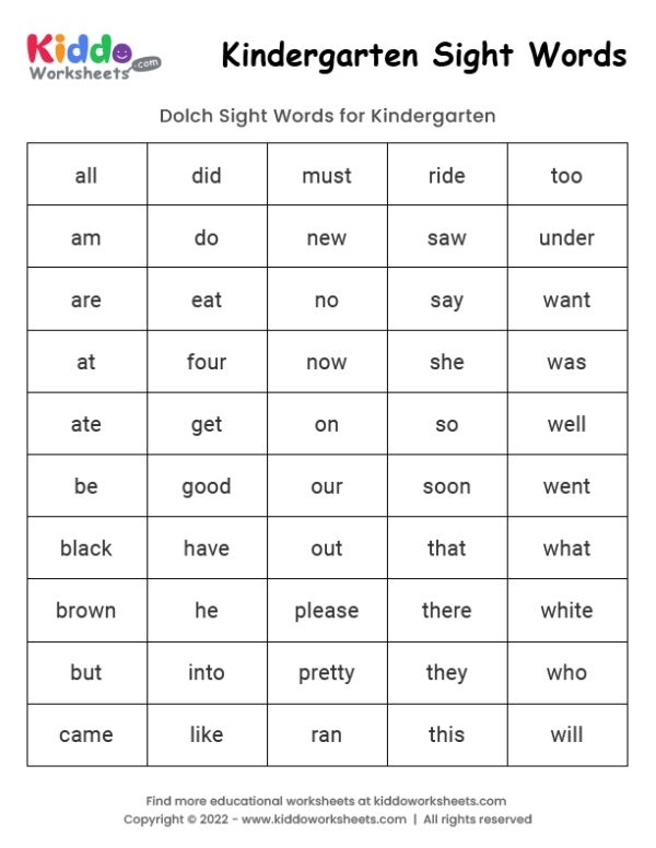 Kindergarten end of year assessment worksheet featuring a list of 75 common sight words for student testing