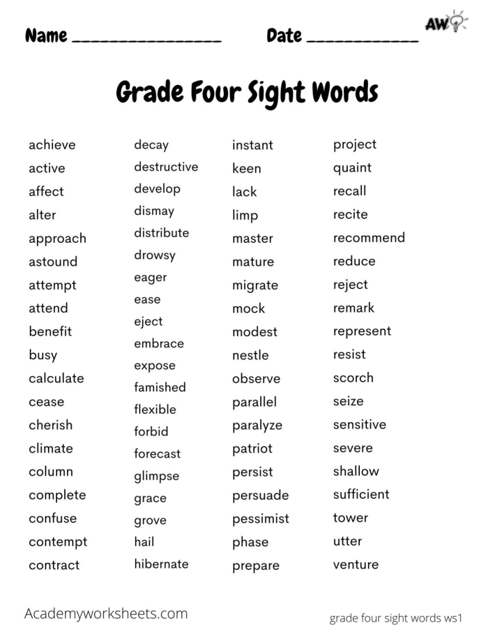 Worksheet for assessing kindergarten sight words with 50 common terms