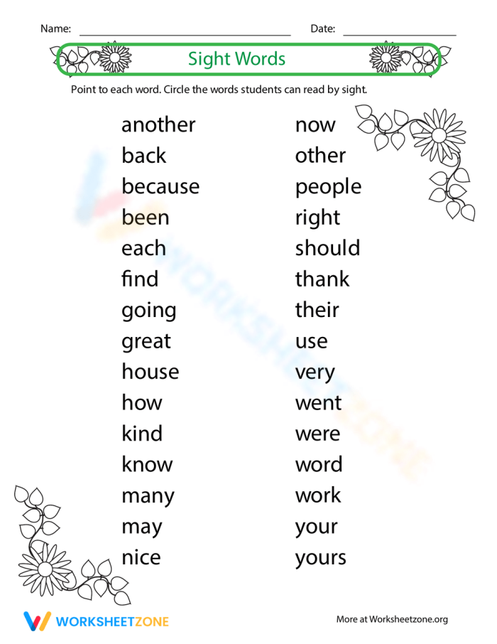 Worksheet for assessing kindergarten sight words with 50 common terms