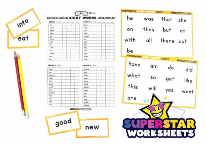 Worksheet for assessing kindergarten sight words proficiency with 50 common terms