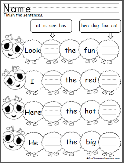 Kindergarten student filling in missing sight words on a printed writing worksheet