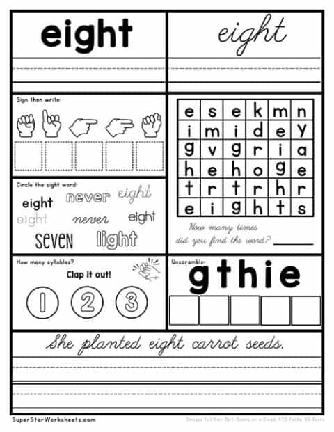 Worksheet for practicing the sight word "eight" with drawing activities for kindergarten learners