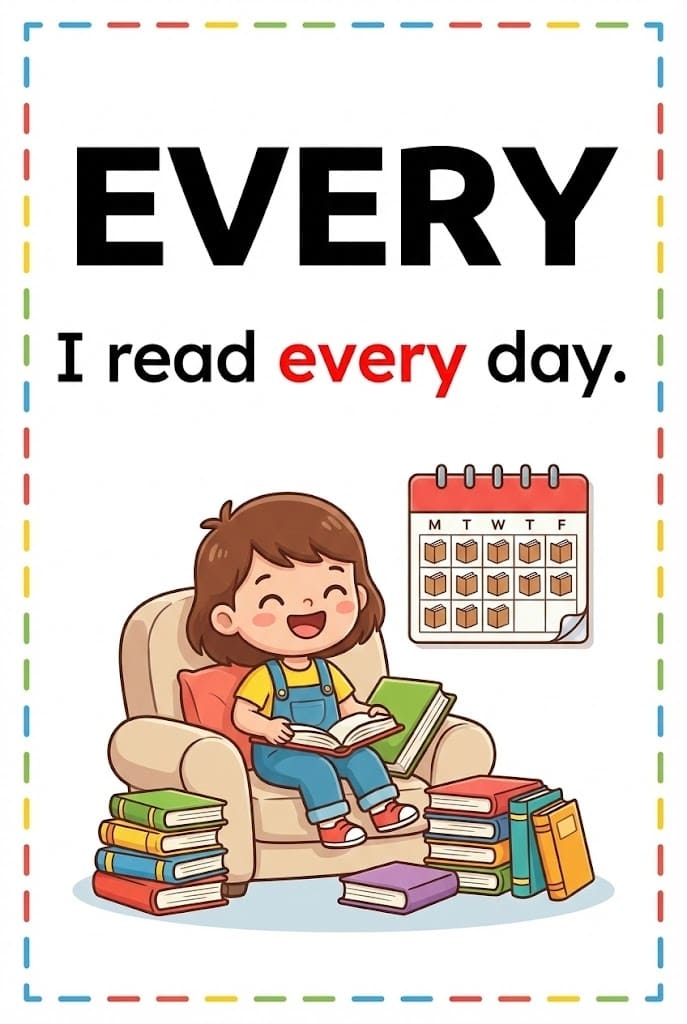 Worksheet for practicing the sight word "every" designed for kindergarten students