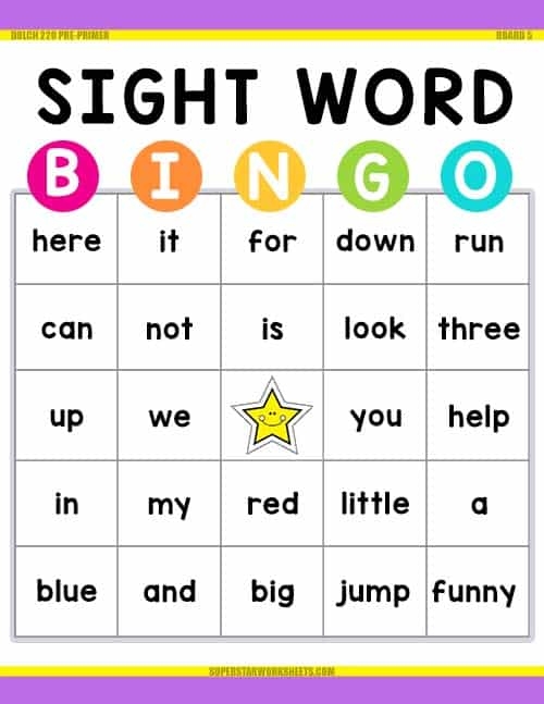 Sight Words Game Activity 5 for Beginning Readers Kindergarten student playing a colorful sight words matching game with simple bright illustrations and word cards