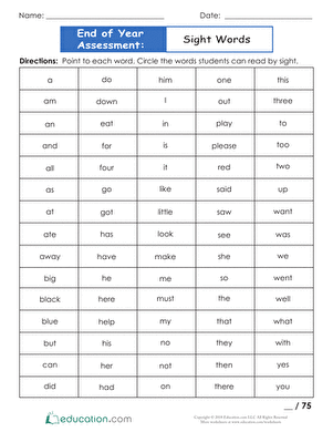Kindergarten student completing end of year sight words assessment worksheet with 75 common words listed