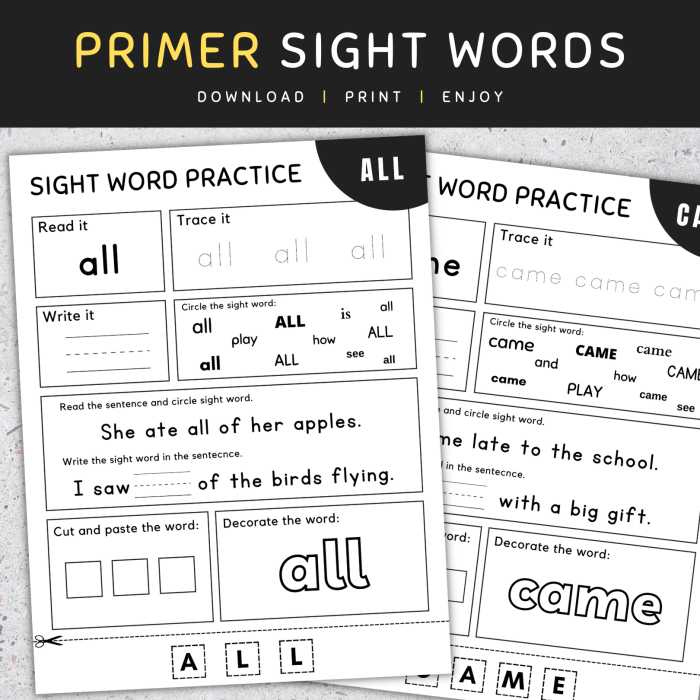 Worksheet for assessing kindergarten sight words recognition for mid-year evaluation