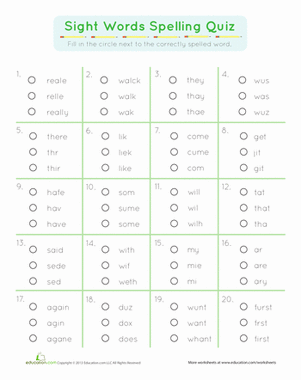 Printable Sight Words Spelling Quiz worksheet for Kindergarten students
