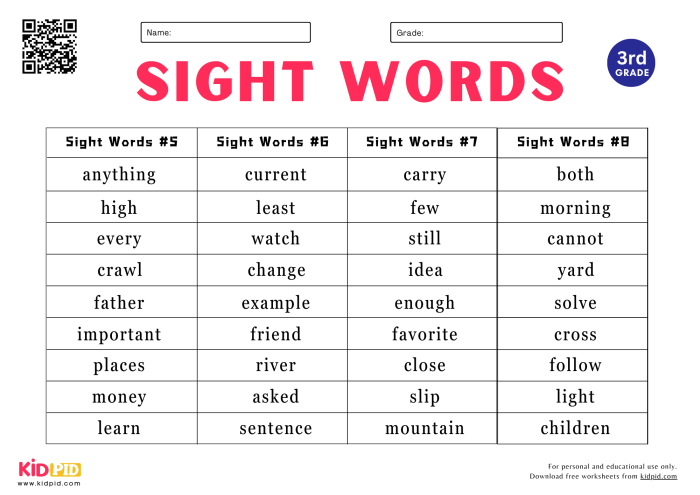 Printable worksheet for kindergarten sight words spelling quiz