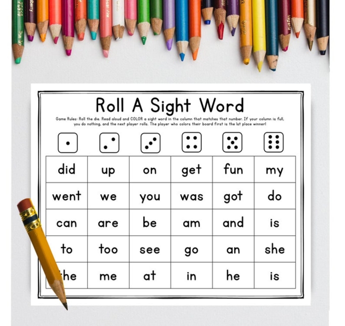 Kindergarten sight words matching game worksheet with bright illustrations for early reading practice Colorful sight words game activity with matching pictures and words for kindergarten learners to practice reading