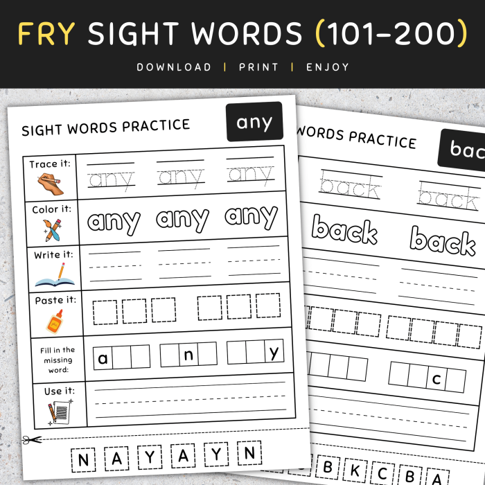 Kindergarten student completing an end of year sight word recognition assessment worksheet