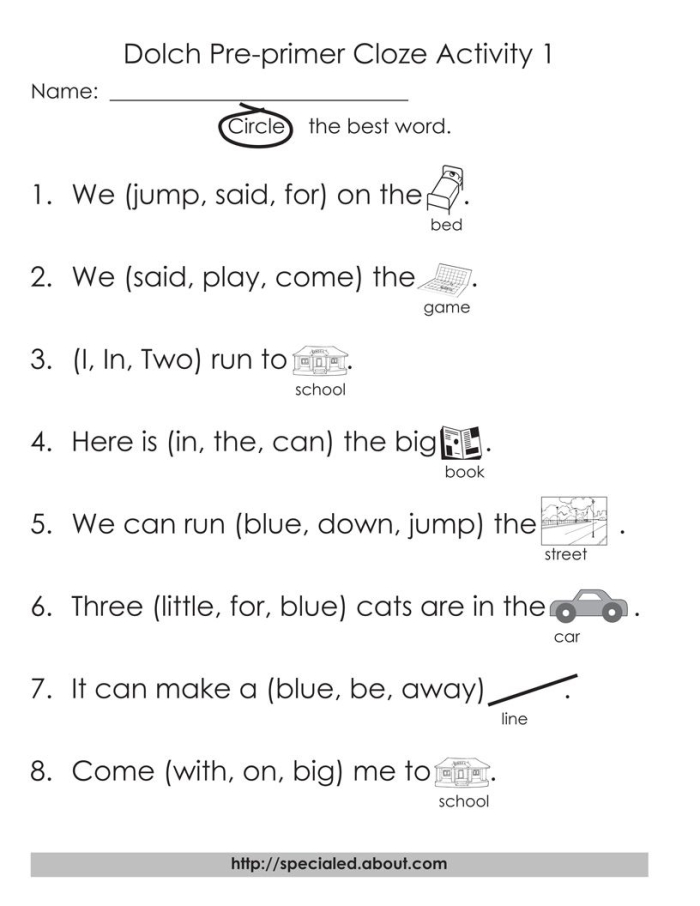 Worksheet illustrating a complete-the-sentence activity focused on common sight words for kindergarten students