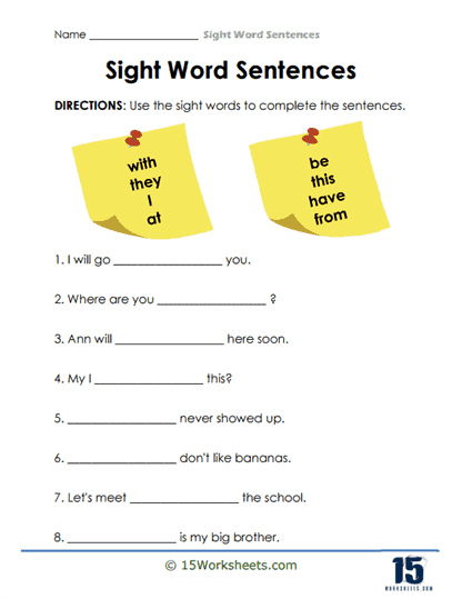 Kindergarten worksheet focusing on common sight words and sentence completion