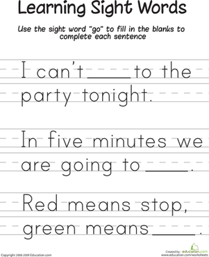Kindergarten student completing sentences with common sight words on a printable worksheet