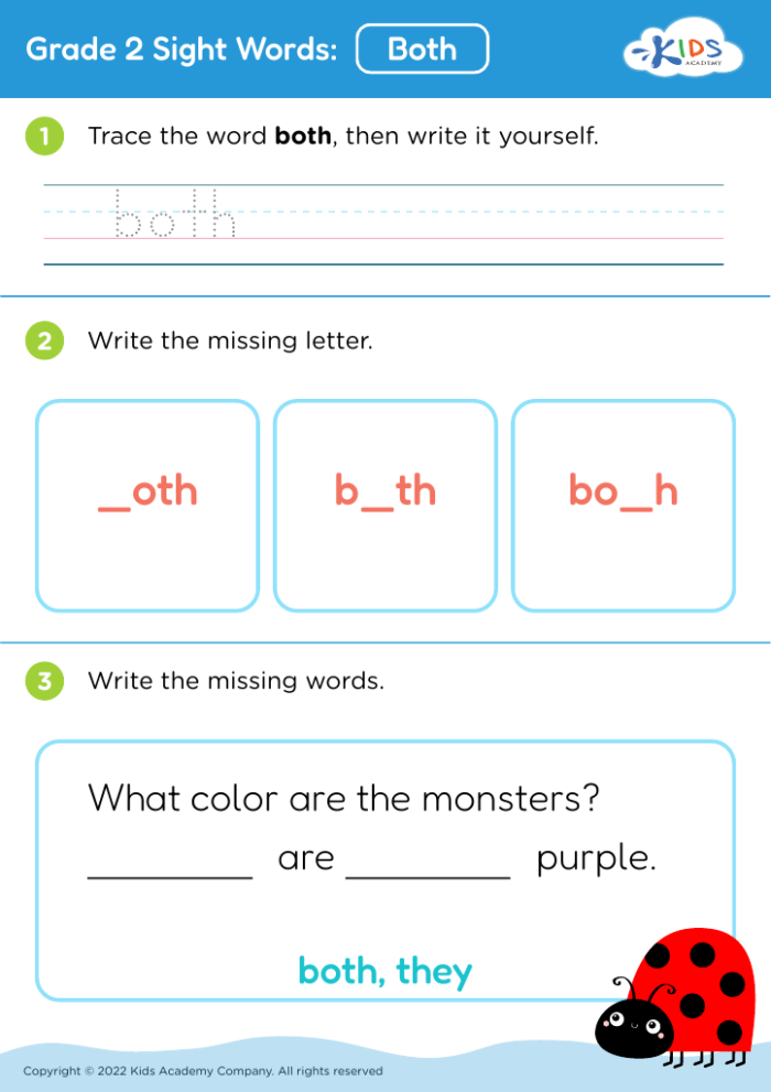 Kindergarten worksheet for practicing the sight word both through tracing and drawing activities 19