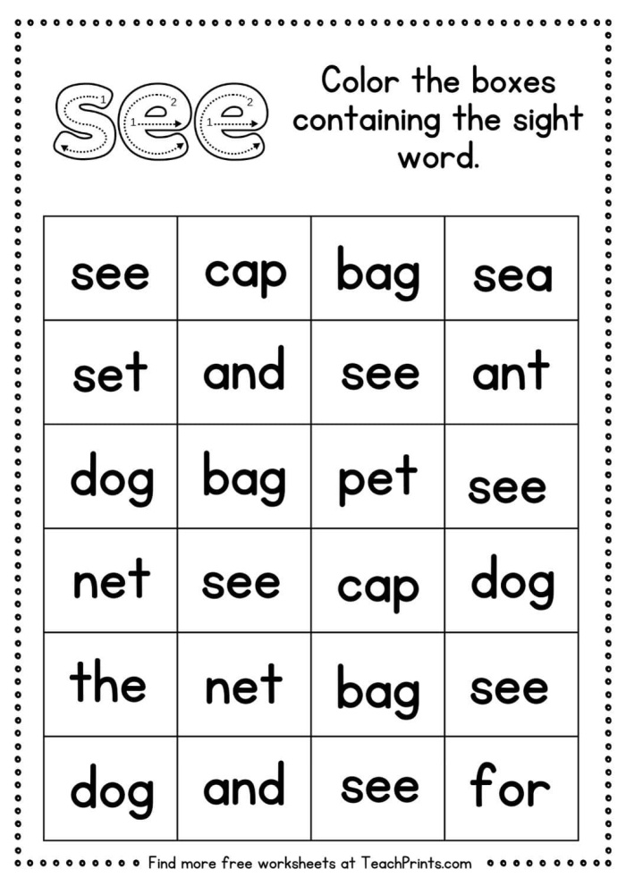 Interactive spelling practice for the word "see" in a fun worksheet format Worksheet for tracing the sight word "see" designed for kindergarten students