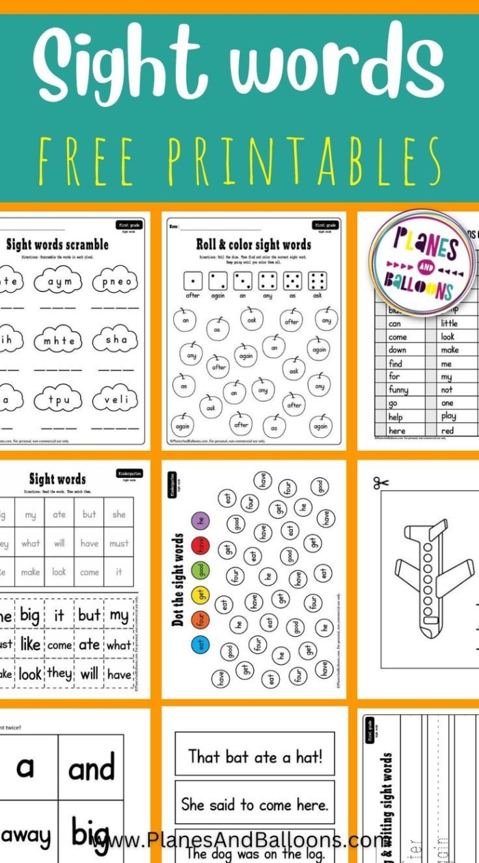 Vocabulary cards featuring sight words that begin with the letter A for kindergarten students