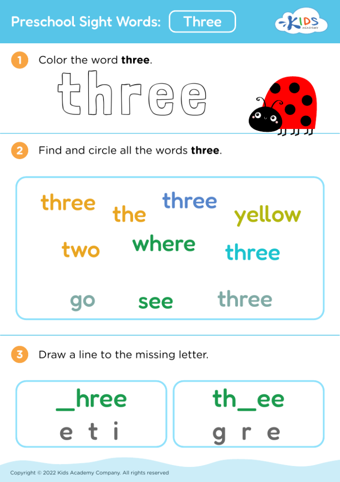 Kindergarten worksheet for practicing writing, drawing, and counting the sight word three