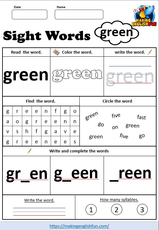 Kindergarten student practicing writing and coloring the sight word green on a phonics worksheet