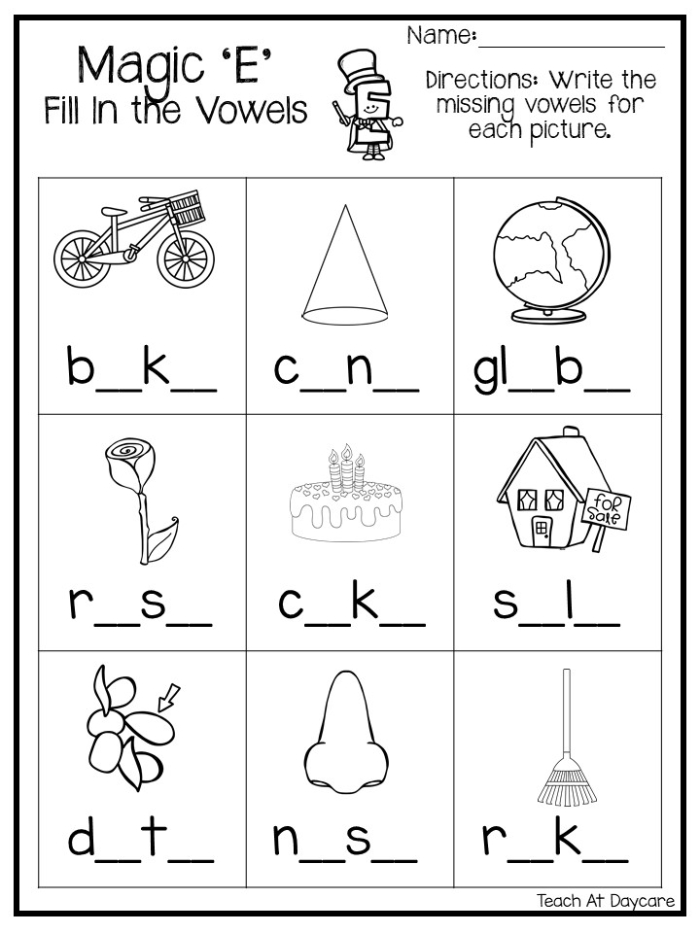 Kindergarten student practicing phonics by turning short vowels into long vowels on a silent e worksheet
