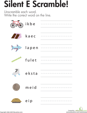 Kindergarten student working on a phonics worksheet identifying silent e words with long vowel sounds