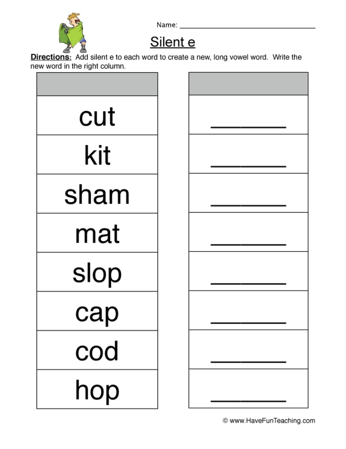 Kindergarten student using a phonics worksheet to practice silent e word patterns