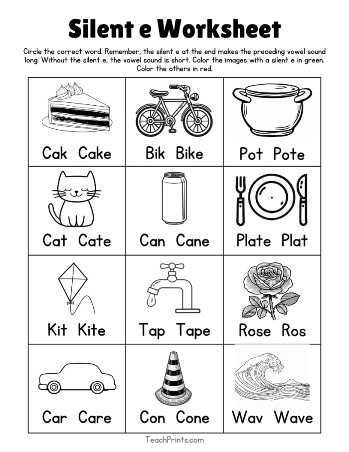 Kindergarten worksheet for practicing phonics with silent e word patterns