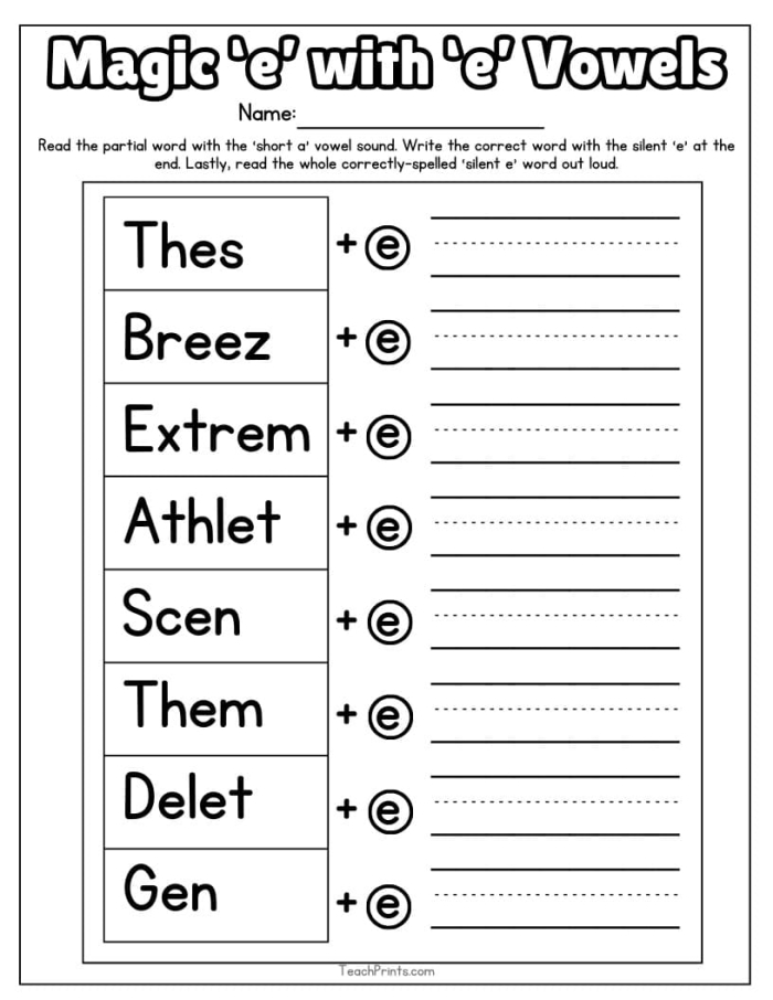 Silent e worksheet for kindergarteners focusing on phonics and long vowel sounds