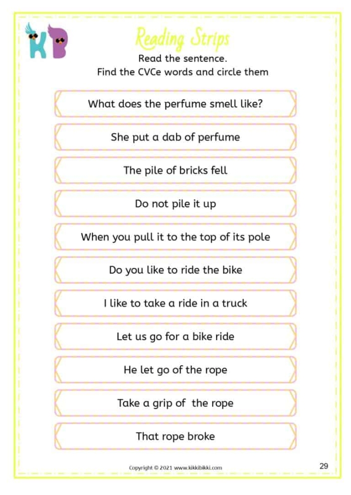 Silent e word practice worksheet showing simple CVC to CVCe word transformations for kindergarten phonics learning