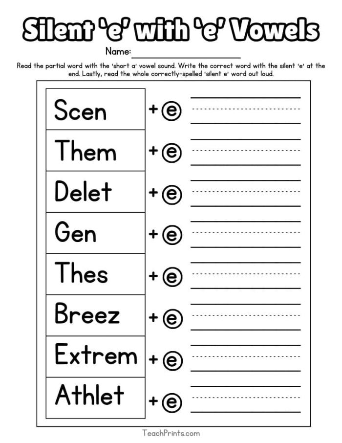 Kindergarten student practicing phonics with a silent e worksheet featuring long vowel words