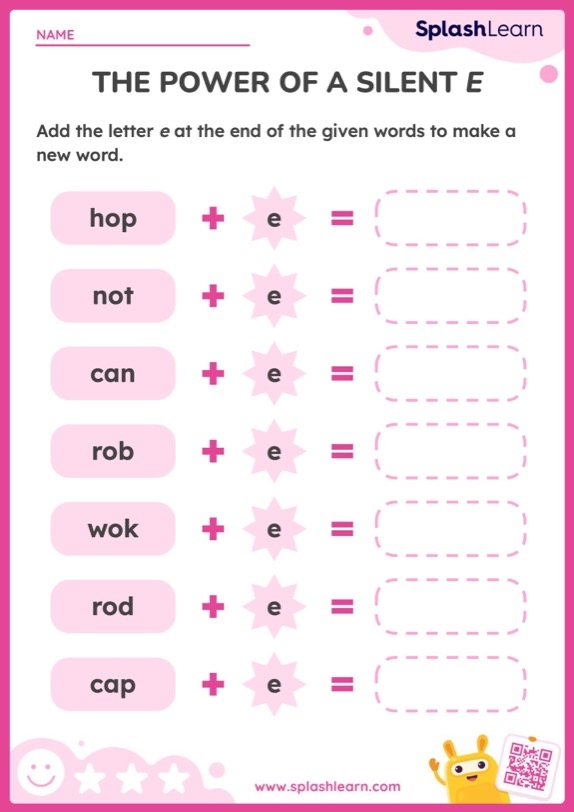 Silent e worksheet for kindergarten students focusing on phonics and long vowel sounds