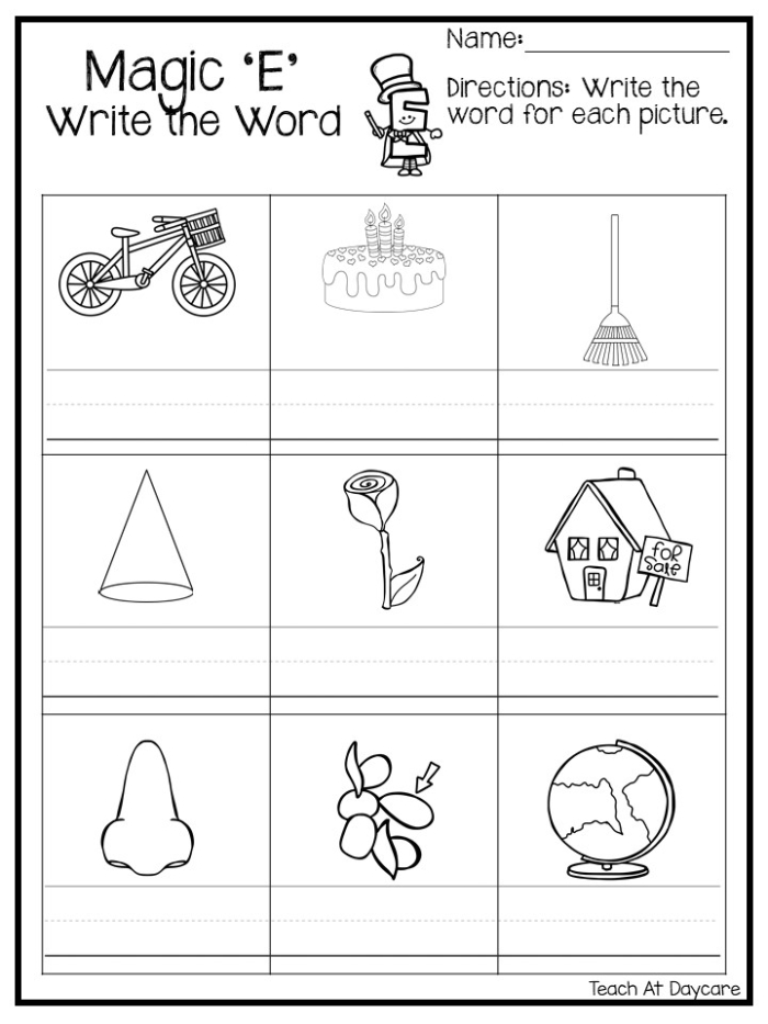 Kindergarten worksheet showing how a silent e changes short vowel words into long vowel sounds