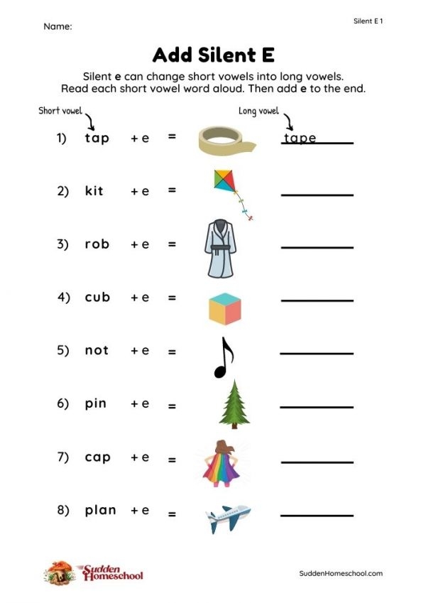 Engaging Finish the Silent E Words activity for kindergarten students Children practicing long vowel sounds with a silent E worksheet
