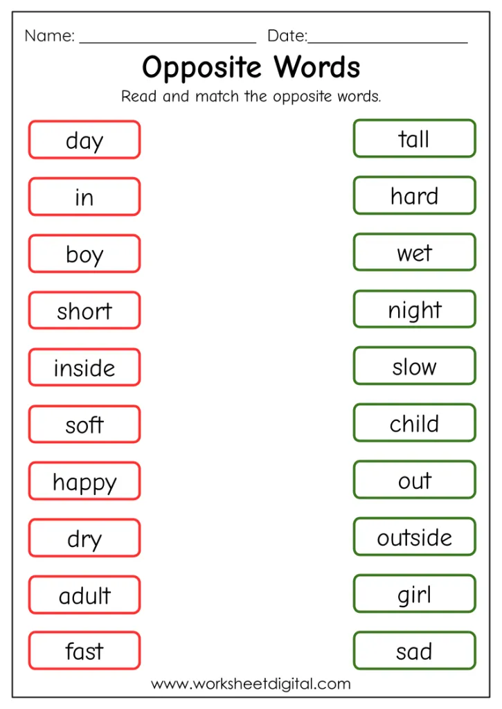 Silly Opposites worksheet for kindergarten students featuring fun matching images