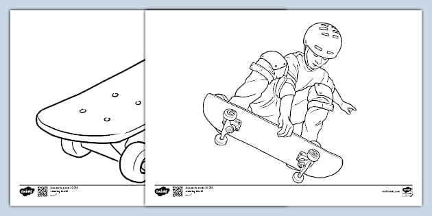Kindergarten student coloring a skateboarding scene from the 8th worksheet in the time and money collection
