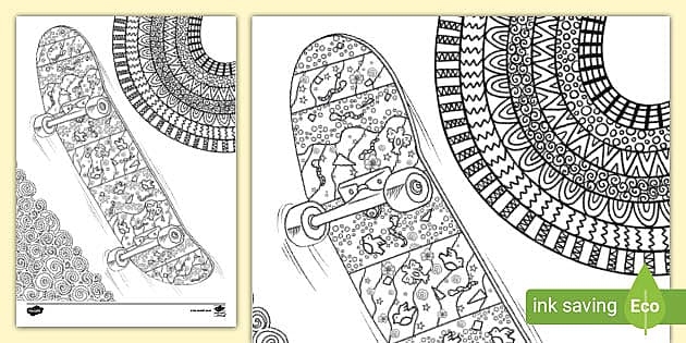 Skateboarding coloring page worksheet for kindergarten students featuring a child on a skateboard