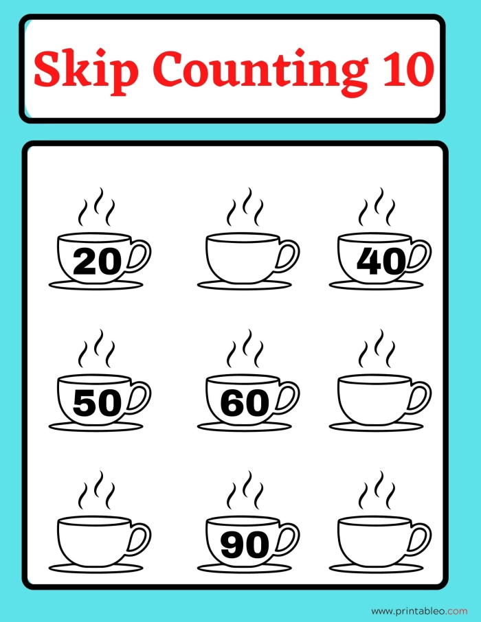 Worksheet featuring skip counting by 10 for kindergarten students to practice counting in groups. Engaging visual for teaching skip counting concepts in a fun way.