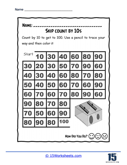 Kindergarten worksheet featuring piles of fruit to practice skip counting by tens